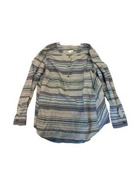 J. Jill Womens Top L Blue Gray Striped Button Long Sleeve 100% Cotton Aztec Boho